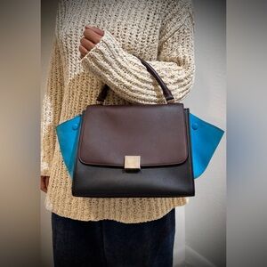 •••SOLD•••Auth Celine Trapeze Leather Medium 2way Leather Bag Turquoise Brown